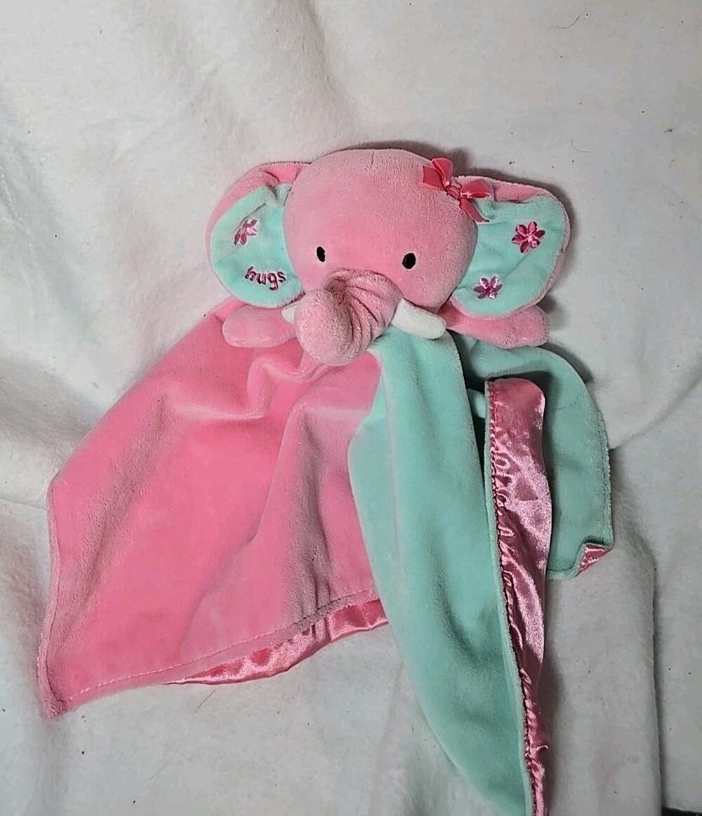 OKIE DOKIE BABY TEAL PINK ELEPHANT SECURITY BLANKET STUFFED ANIMAL PLUSH RATTLE
